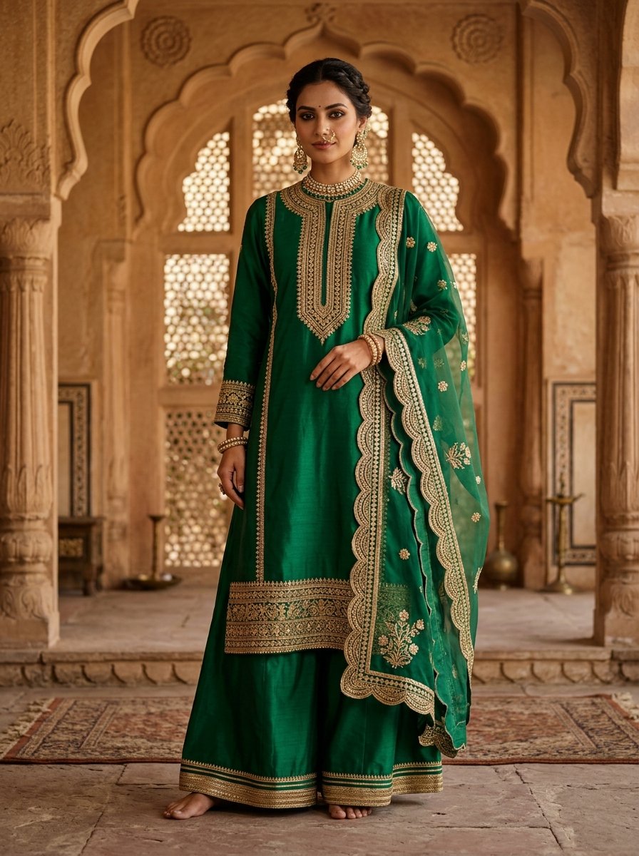 Emerald Green Straight Silk Suit Set