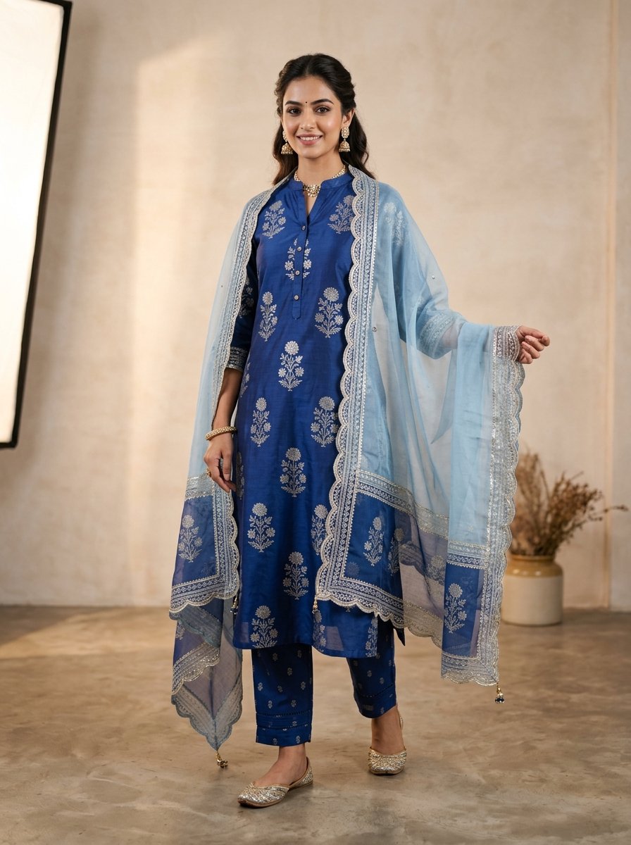 Indigo Floral Block Chanderi Silk Set